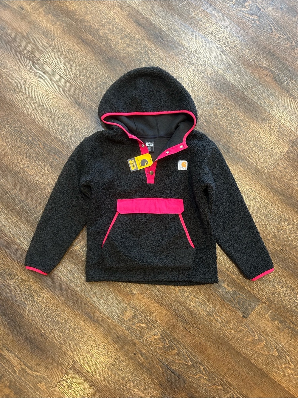 Carhartt Kids Black Sherpa Pullover Hoodie with Pink Trim